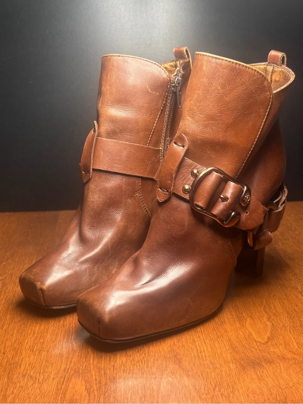 Women's Brown Leather Buckle Strap Ankle Booties